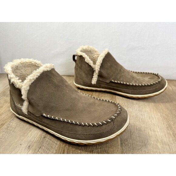 LL Bean Sherpa Lined Mountain Slippers Womens 10 Brown Suede Leather Booties Moc - Picture 2 of 9